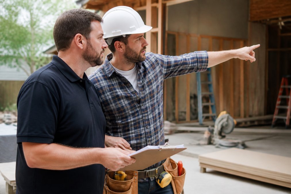 Homeowner and contractor reviewing construction project details on clipboard at job site, pointing at work area with materials and tools visible in background, natural daylight