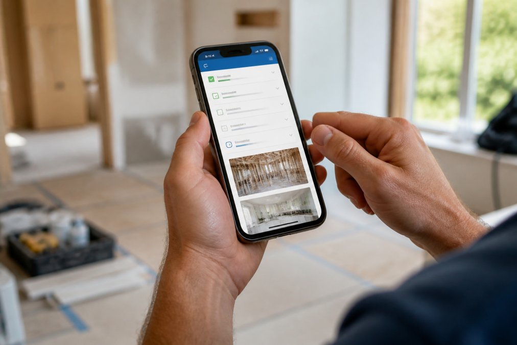 Close-up of hands holding smartphone displaying construction project management app with task checklist, timeline, and progress photos visible on screen, bright natural lighting
