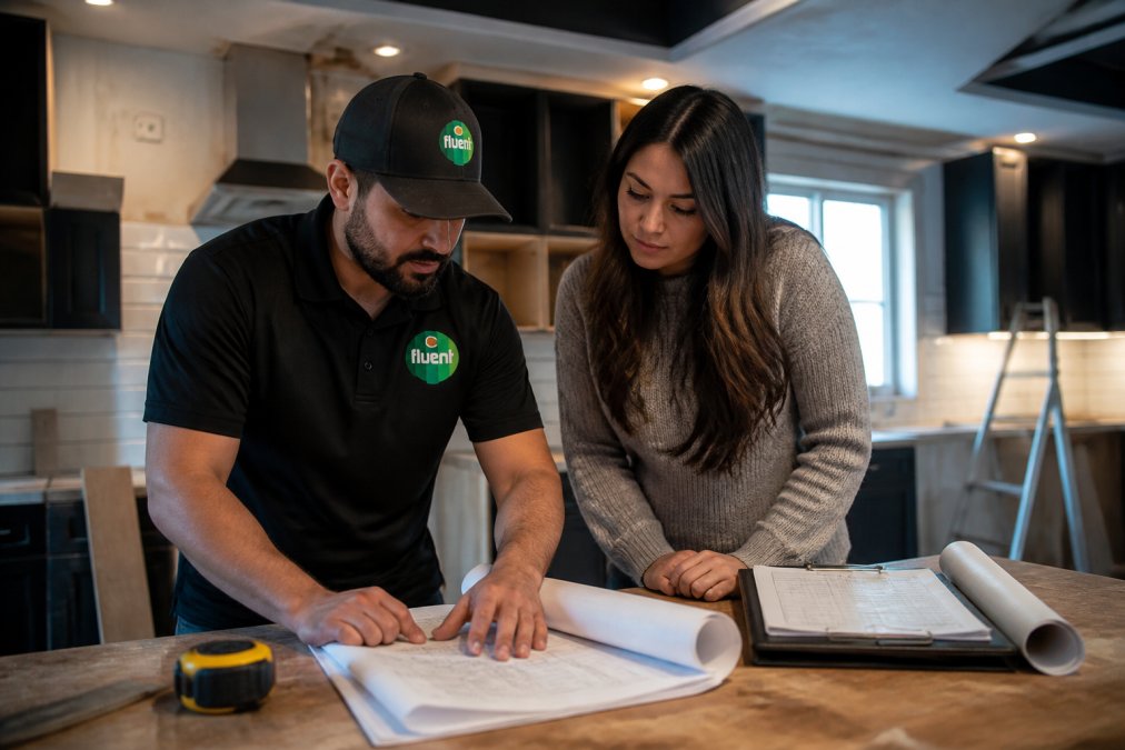 Professional contractor and homeowner reviewing project timeline and documentation at kitchen renovation site, discussing schedule and progress notes