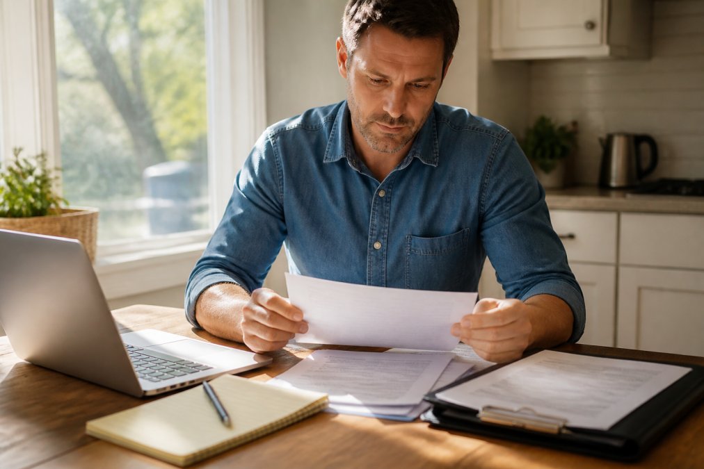Homeowner reviewing contractor license and insurance documents at kitchen table with laptop and paperwork spread out, natural sunlight coming through window