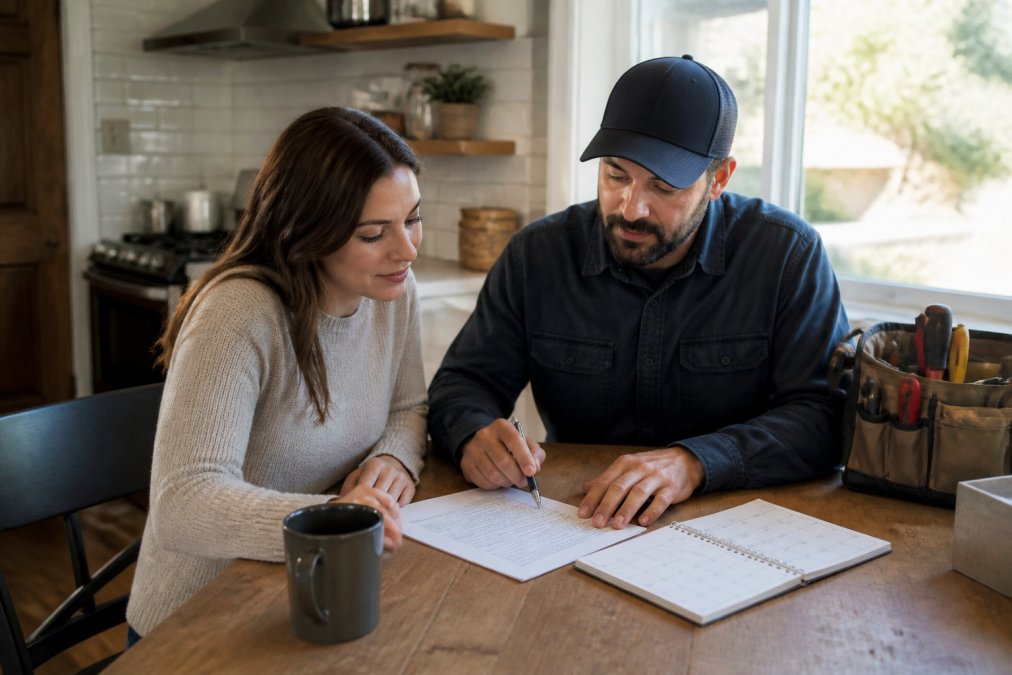 Step-by-step infographic showing how a clear contract helps homeowners prevent contractor scheduling delays.