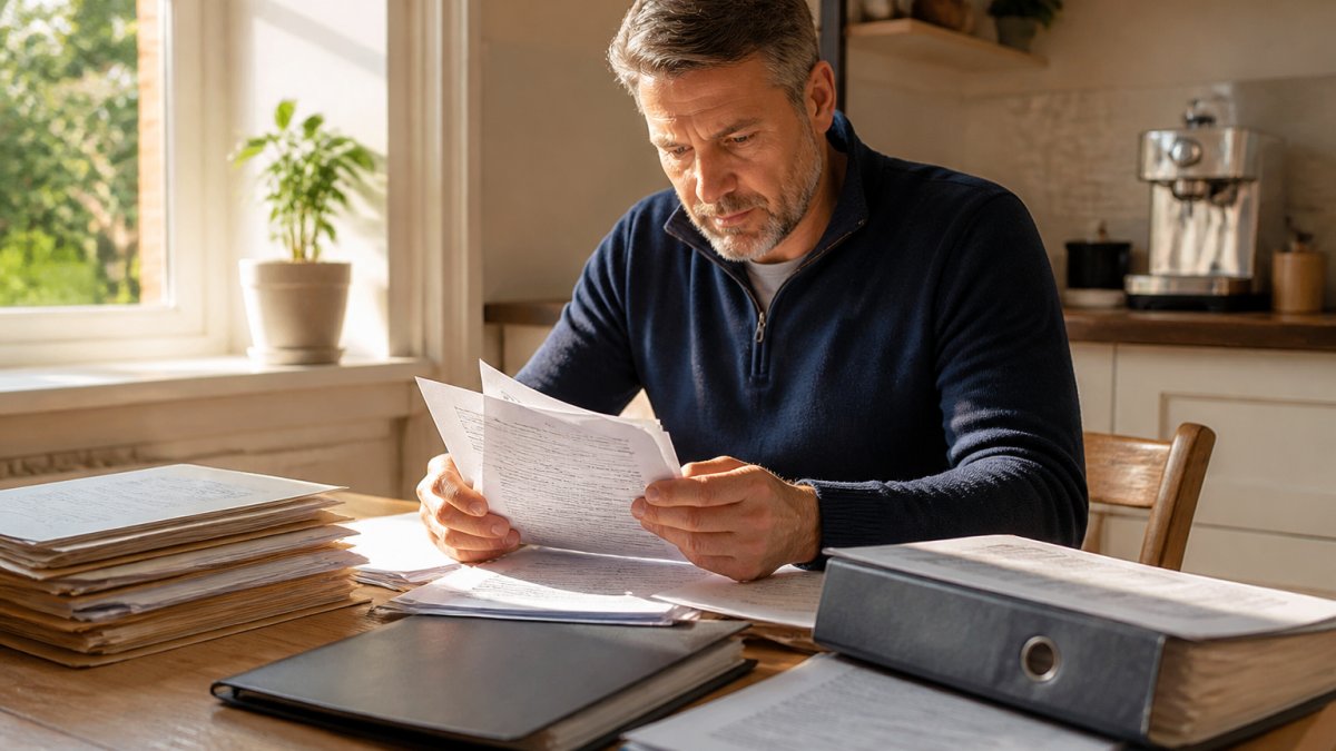 Professional reviewing property documents and title deeds at a desk with organized files and a computer, natural daylight streaming through office windows