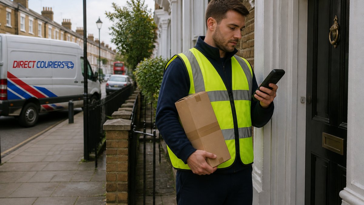 A courier in a high-visibility vest standing at a residential doorstep in London, holding a parcel and checking a handheld scanner, with a van visible on the street behind