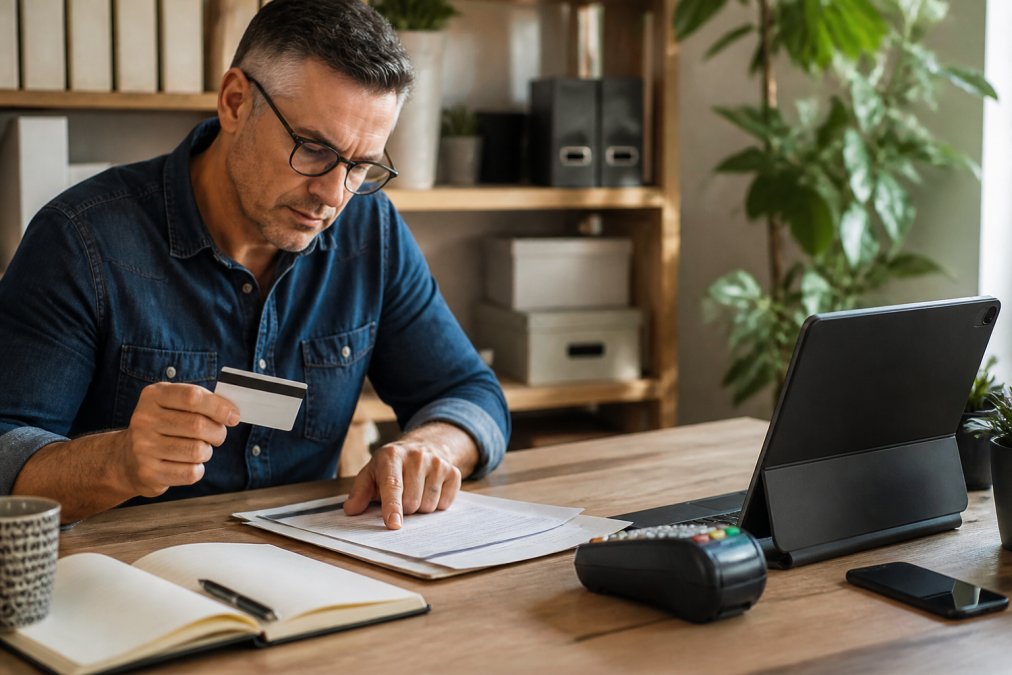 Small business owner reviewing transaction history on a laptop at a desk, with a card reader and open notebook nearby in a well-lit home office