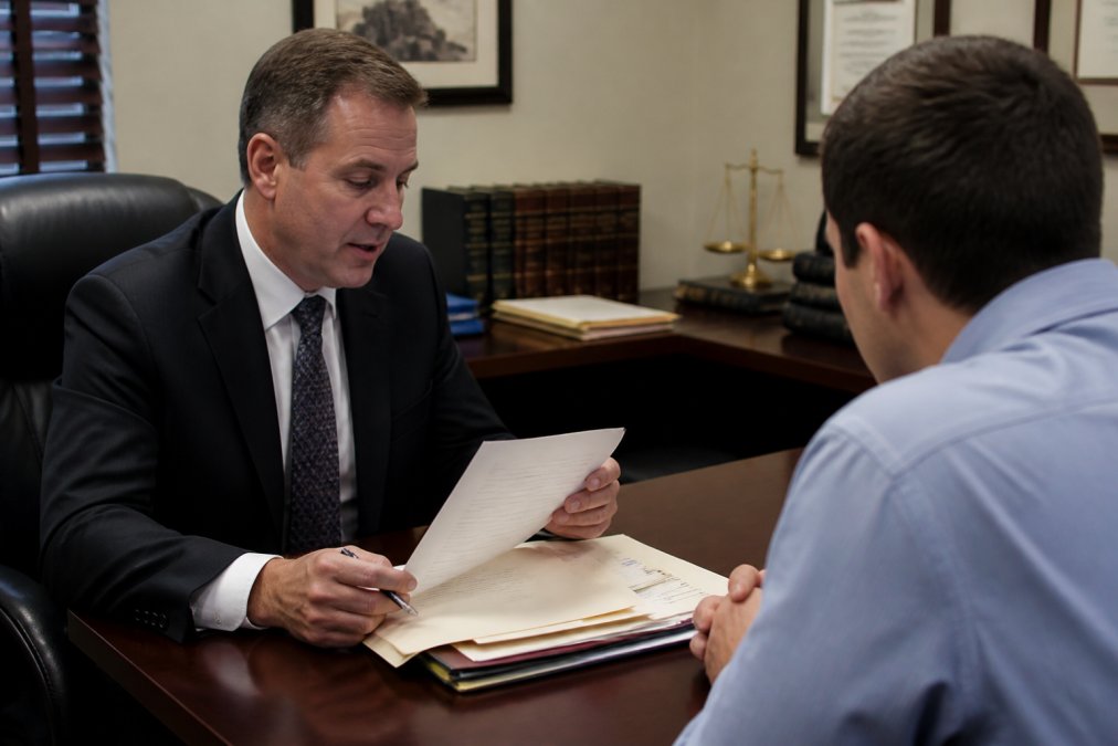 Criminal defense attorney reviewing case documents with client in professional office setting, discussing legal strategy and record sealing options
