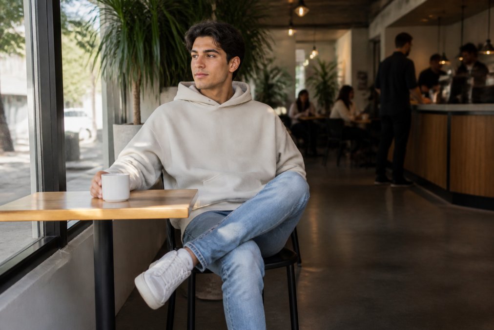 Young adult wearing a minimalist faith-inspired oversized hoodie styled casually with fitted jeans and white sneakers in an urban coffee shop setting, sitting at a table with natural window lighting, looking confident and approachable