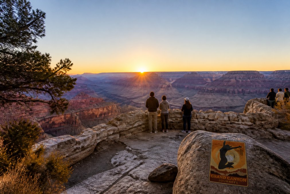 A serene Grand Canyon overlook at sunrise with soft golden light illuminating the canyon walls, a handful of visitors in the distance, and clear visibility stretching across the landscape