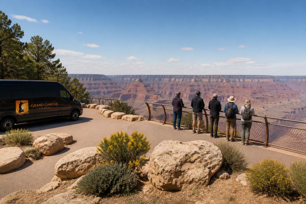 A quiet, lesser-known Grand Canyon viewpoint with a small group of visitors standing at the railing, natural desert landscape in the foreground, and clear canyon views under blue sky