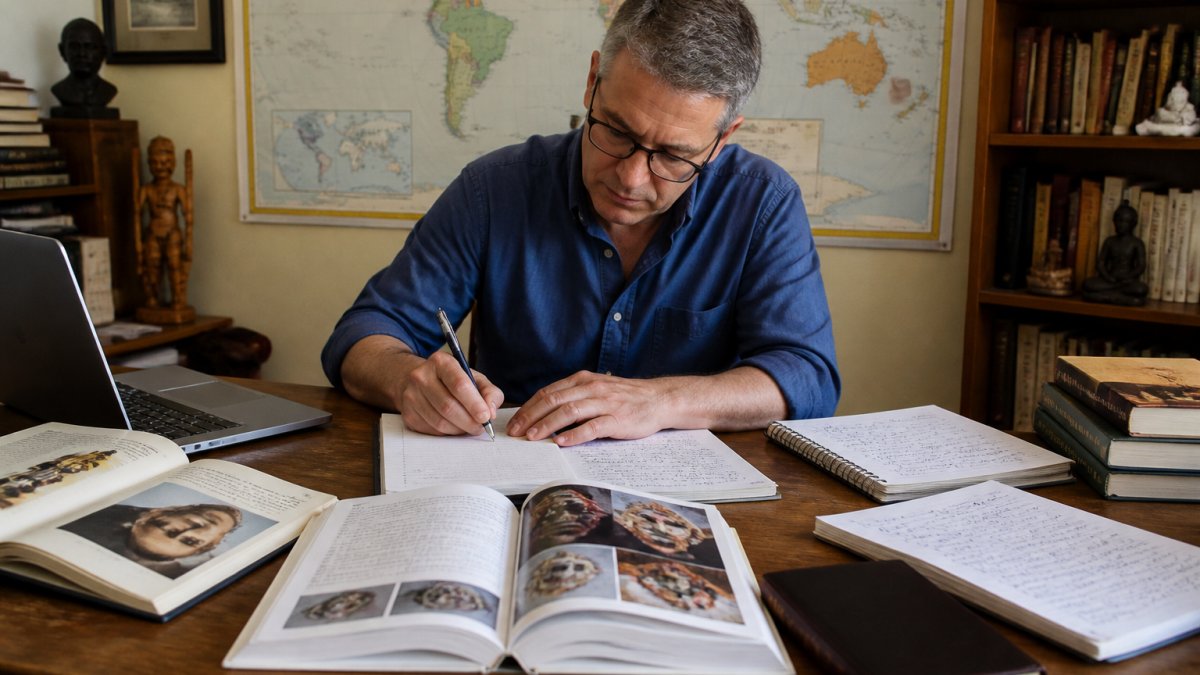 A writer at a wooden desk surrounded by open books, notebooks with handwritten notes, and a laptop showing a document, with a world map pinned on the wall behind them