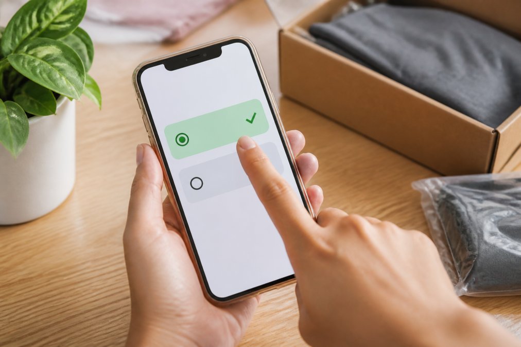 Close-up of a smartphone displaying a checkout screen with currency selection options (local currency highlighted in green, home currency in grey) and a customer's hand pointing at the local currency choice
