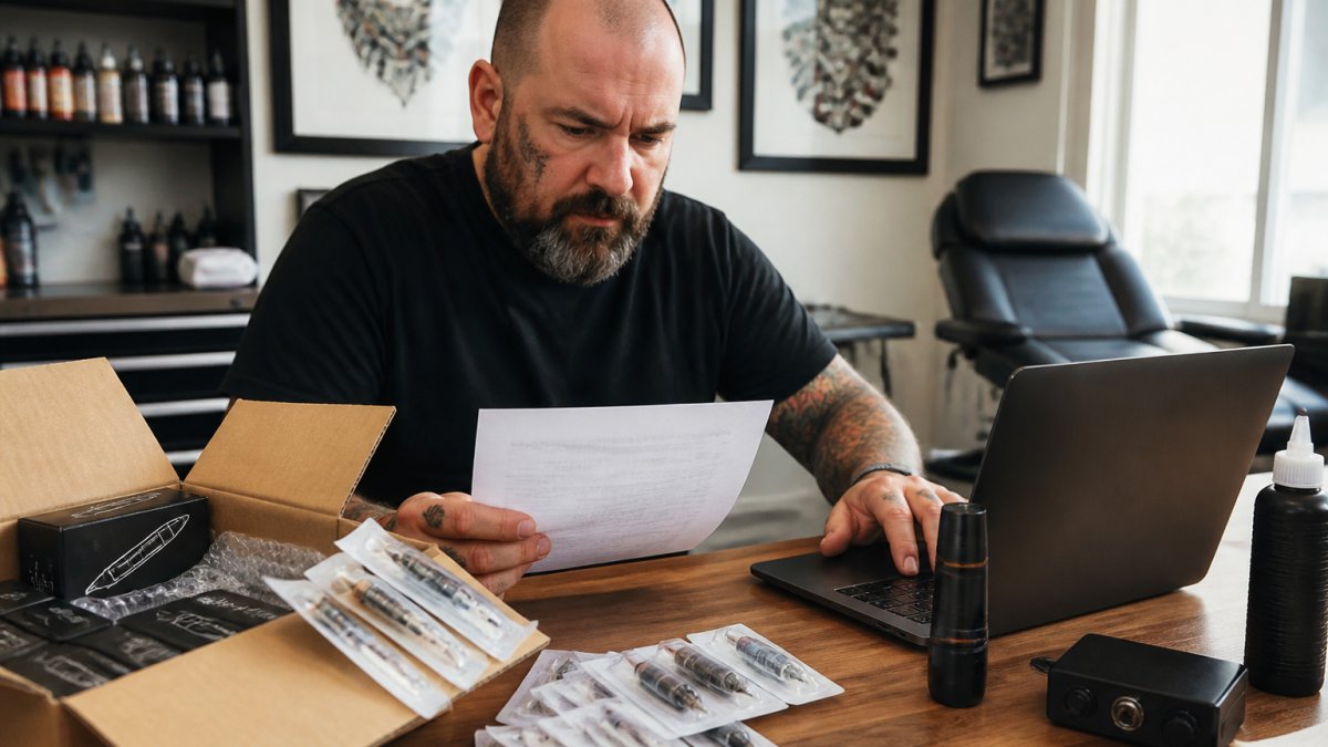 A tattoo studio owner at a desk reviewing a customs invoice and an open shipping box of tattoo cartridges, laptop showing a supply cost spreadsheet, bright studio office lighting