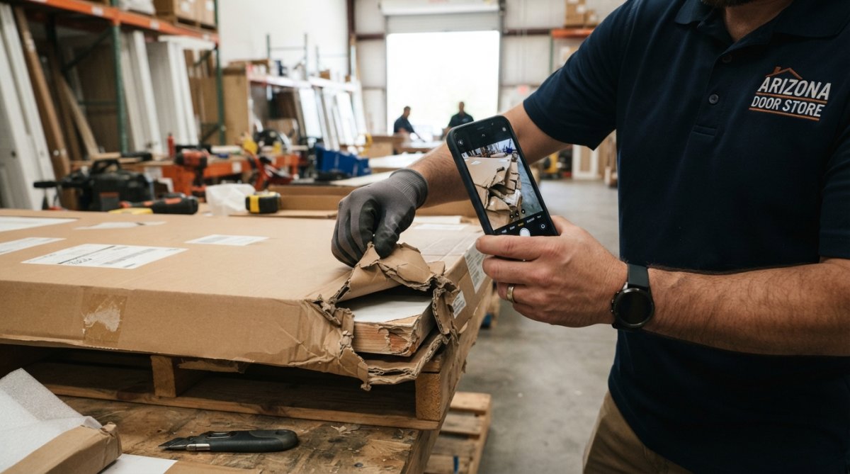 Hands using a smartphone to photograph a damaged door corner to help avoid damaged door deliveries.
