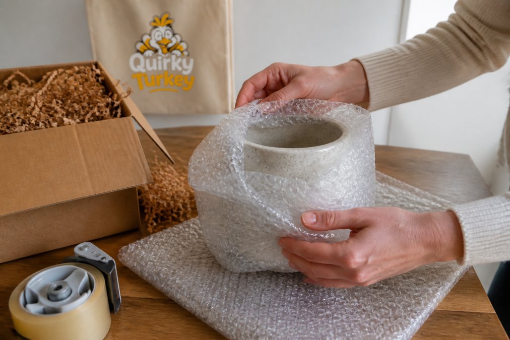 Hands carefully wrapping a delicate ceramic plant pot with multiple layers of bubble wrap, showing overlapping protective layers and proper technique with crinkle fill visible in background