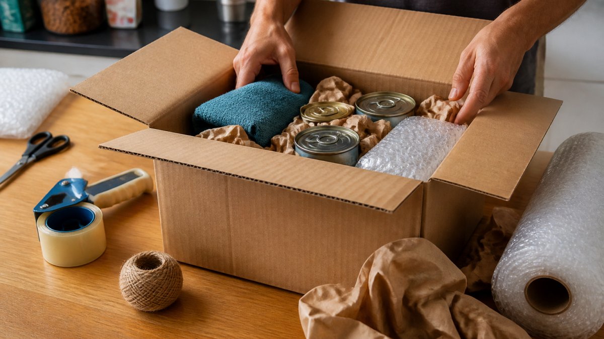 Hands packing pet food cans and protective materials into a sturdy cardboard box on a kitchen counter