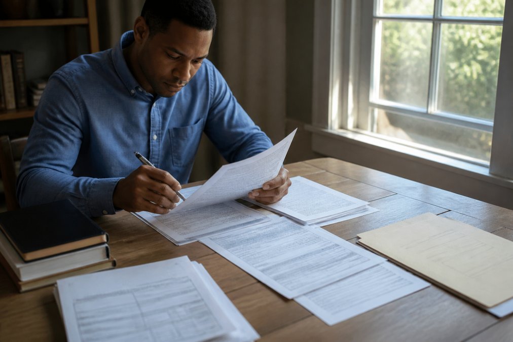 Person sitting at a desk with legal documents, summons, and complaint papers spread out, reviewing paperwork with a pen in hand, natural daylight from a window illuminating the documents