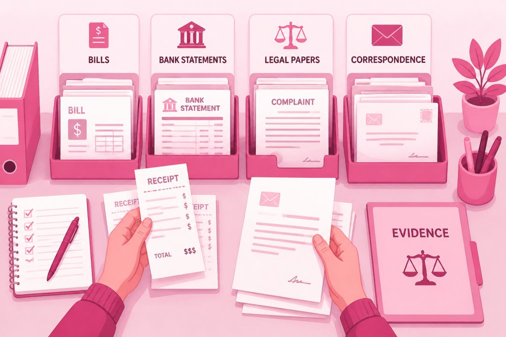 Hands organizing documents, receipts, and correspondence on a table, with bills, bank statements, and legal papers arranged in neat piles, showing preparation of evidence materials for a case