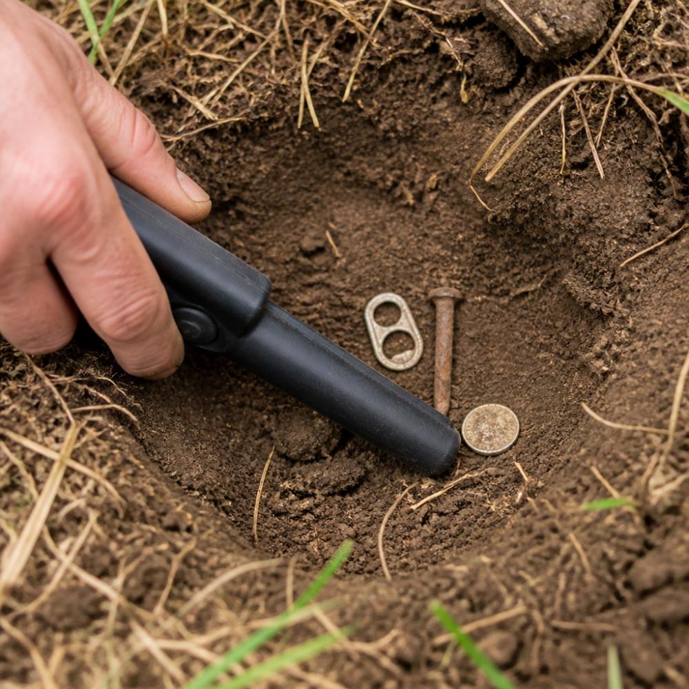 Close-up of a detectorist's hand holding a pinpointer over a hole in dirt, with a pull tab, nail, and small coin visible in the soil, demonstrating visual comparison between trash and keepers