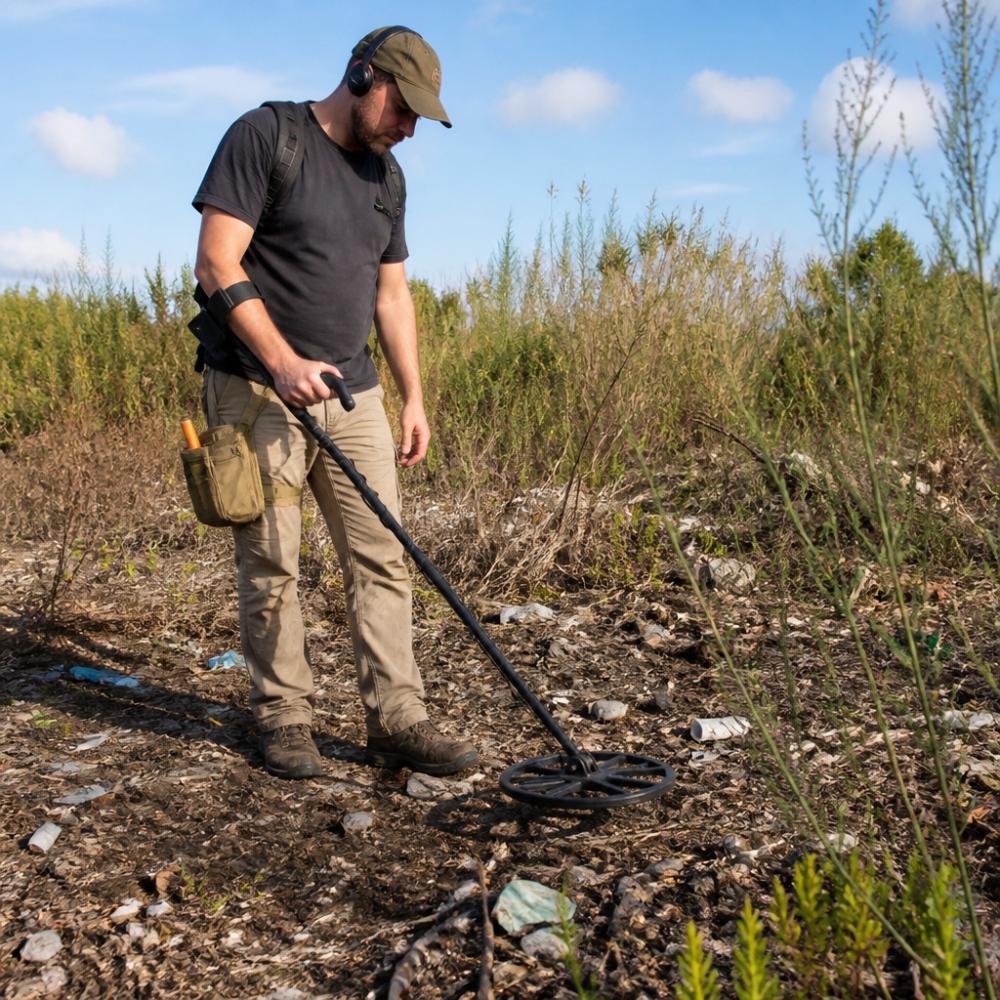A detectorist in a trashy field with overgrown weeds and scattered debris, sweeping a metal detector with deliberate overlapping passes, demonstrating proper posture and sweep technique