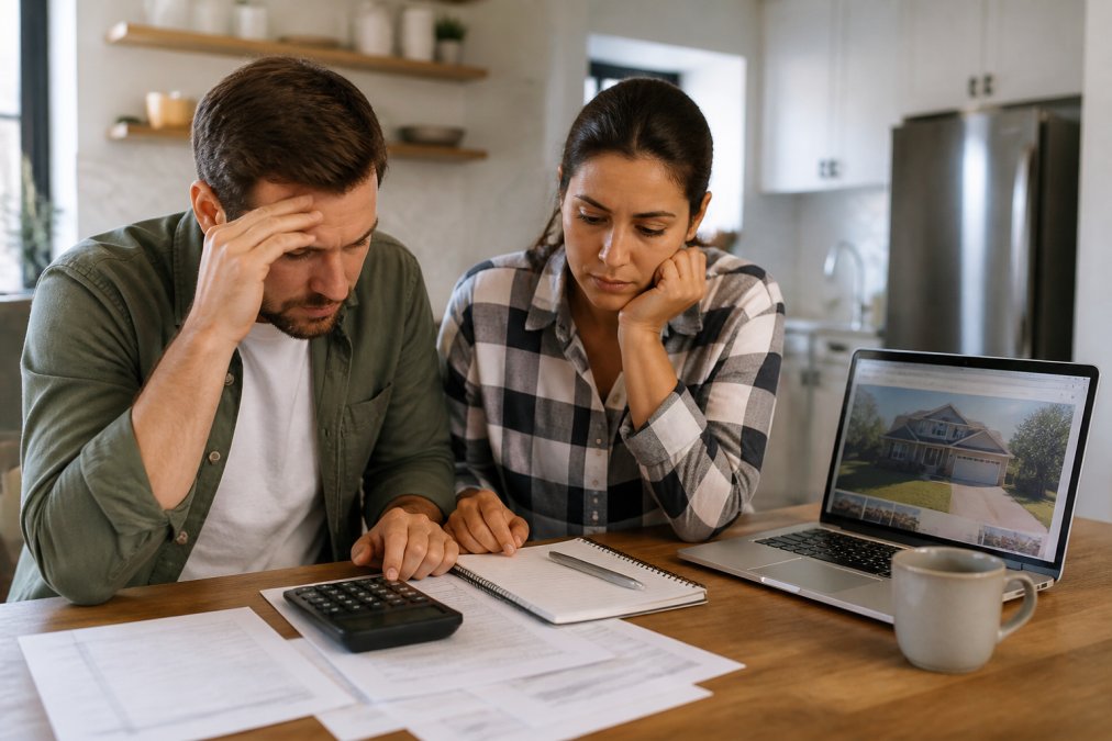 A couple sitting at a kitchen table reviewing mortgage documents and a calculator, with a laptop open to a real estate listing, looking concerned but focused