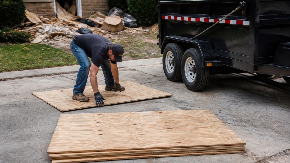 A homeowner in work clothes laying plywood sheets on a concrete driveway, with a dump trailer parked nearby and renovation debris visible in the background
