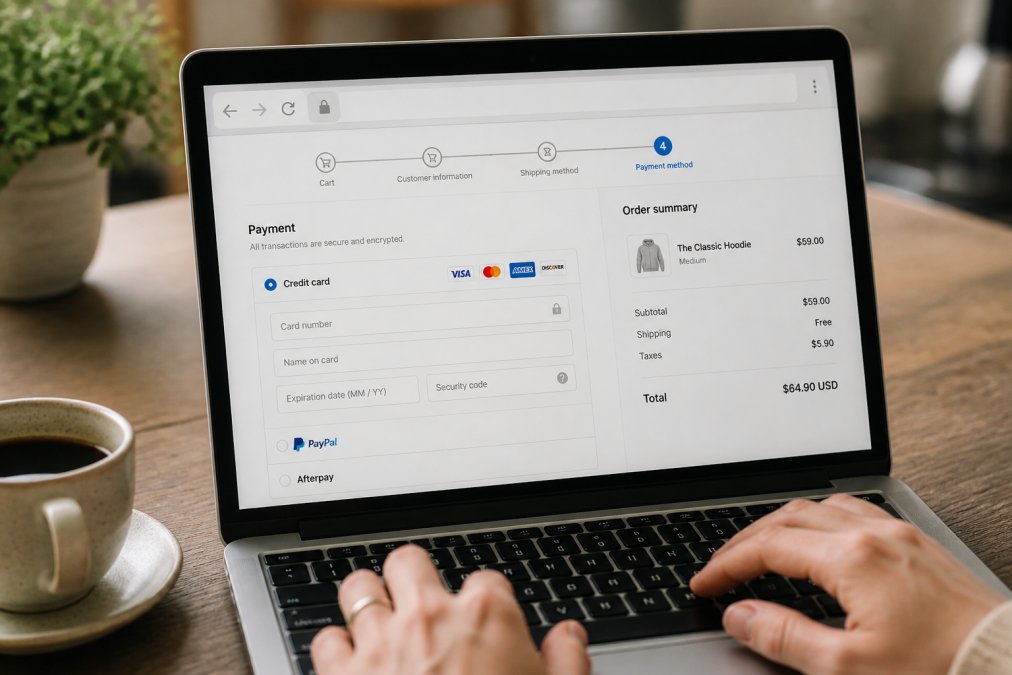 Close-up of a laptop screen displaying a secure checkout page with visible padlock icon in the browser address bar, hands typing on keyboard with a cup of coffee beside the laptop on a wooden desk