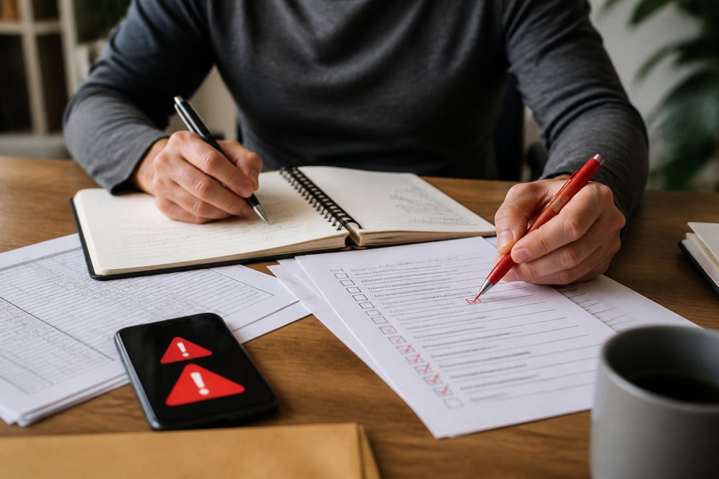 Person at desk reviewing documents and taking detailed notes, smartphone displaying warning symbols and alert notifications, red pen marking items on a printed checklist
