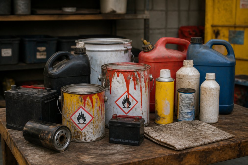 Close-up of hazardous waste items including paint cans with warning labels, batteries, oil containers, and chemical bottles arranged on a workbench with visible caution signage