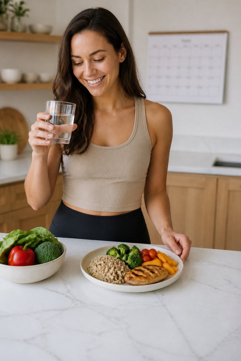 Person eating a balanced meal with water to help avoid edible hangover while checking a calendar on the counter.