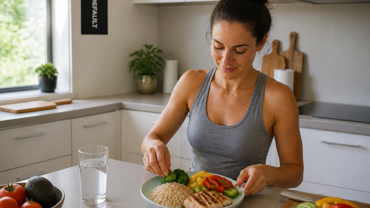 A person at a kitchen counter assembling a balanced lunch plate with grilled chicken, brown rice, vegetables, and a glass of water, natural daylight