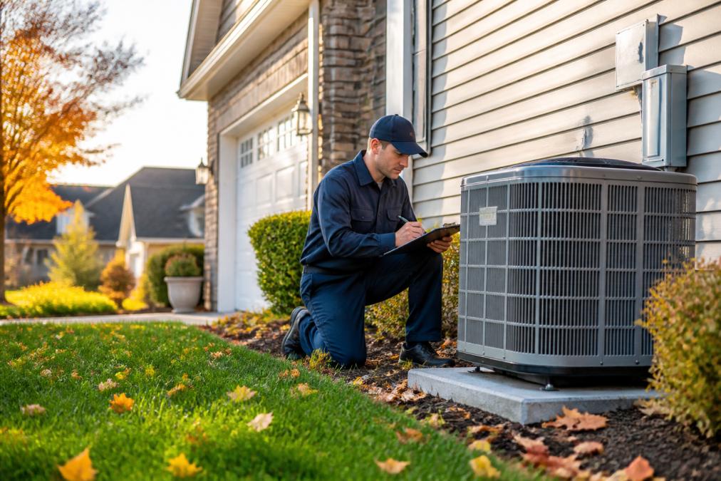 A professional technician in a navy uniform inspecting a residential HVAC unit outside a well-maintained suburban home, holding a clipboard and noting readings on a bright autumn afternoon