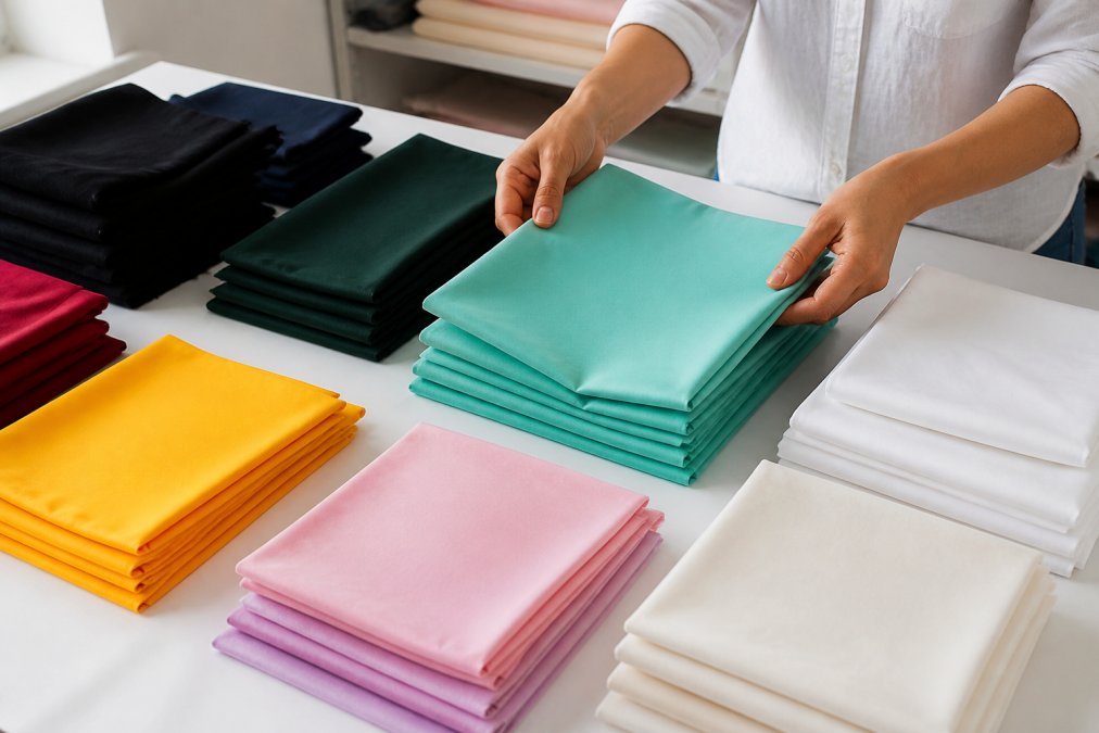 Hands sorting colorful fabric swatches into organized piles on a white work table, with dark colors grouped separately from light colors and whites, natural daylight illuminating the scene
