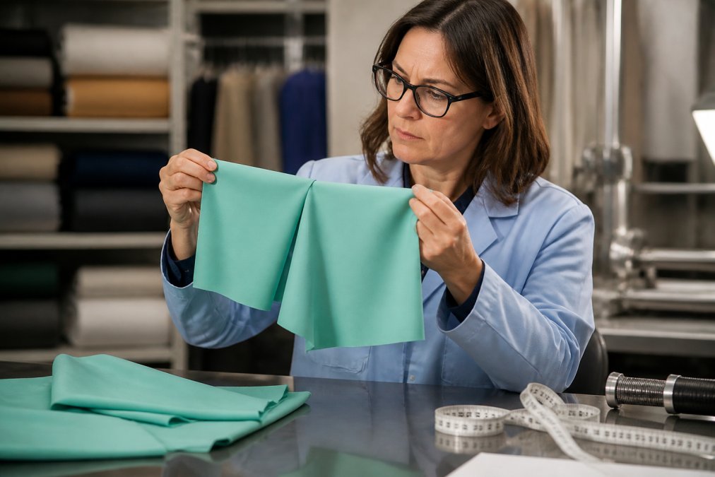 Textile quality specialist examining fabric color swatches under bright laboratory lighting, holding multiple samples side by side to compare color consistency and uniformity across different pieces