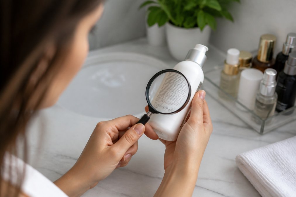 Close-up of a woman's hands holding a skincare bottle under bright light, examining the label and batch code with a magnifying glass on a clean bathroom counter