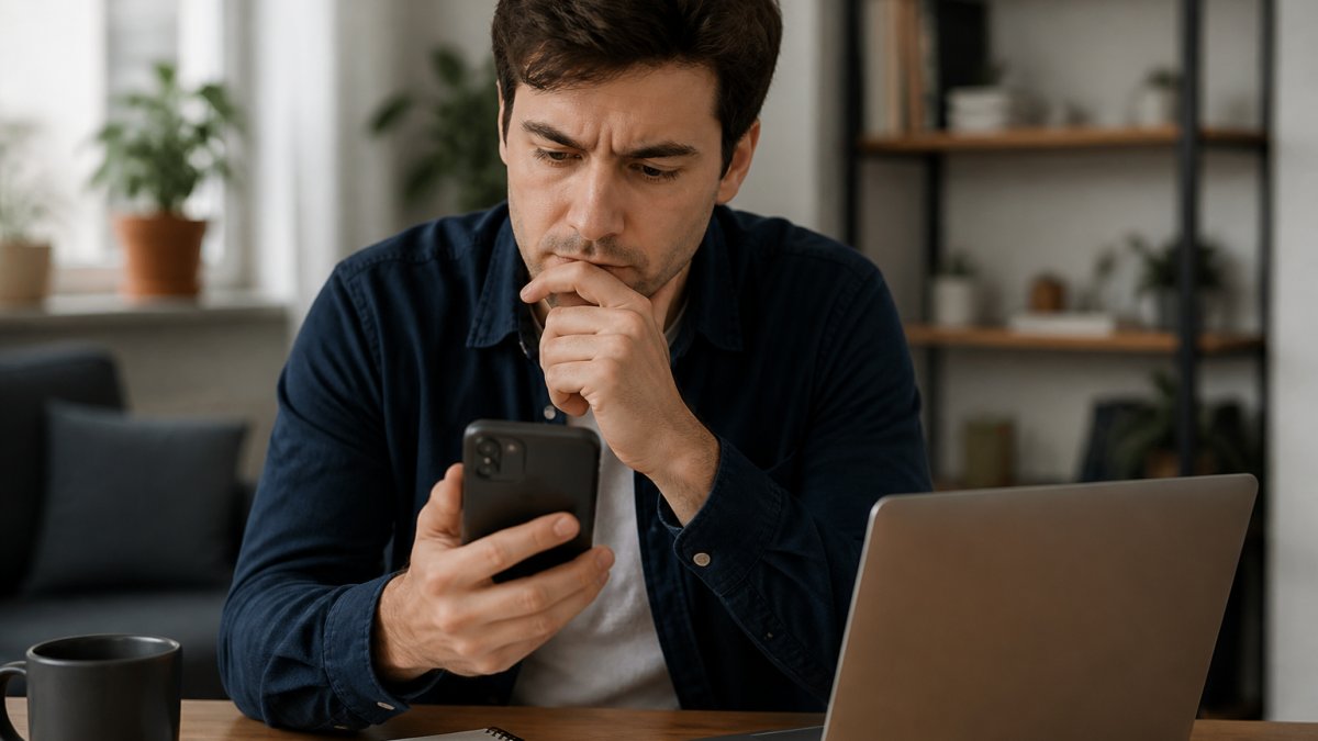 Person holding a smartphone, looking at a dating profile with a thoughtful, cautious expression, seated at a desk with a laptop nearby