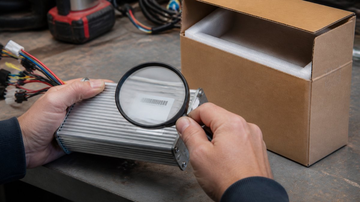 Close-up of hands holding an electric dirt bike controller next to its packaging, inspecting a serial number label with a magnifying glass on a workbench