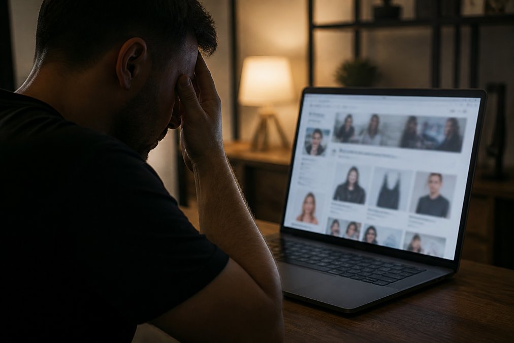 Close-up of a laptop screen displaying a poorly designed website with blurry product photos, misspelled text, and unclear navigation elements in dim lighting