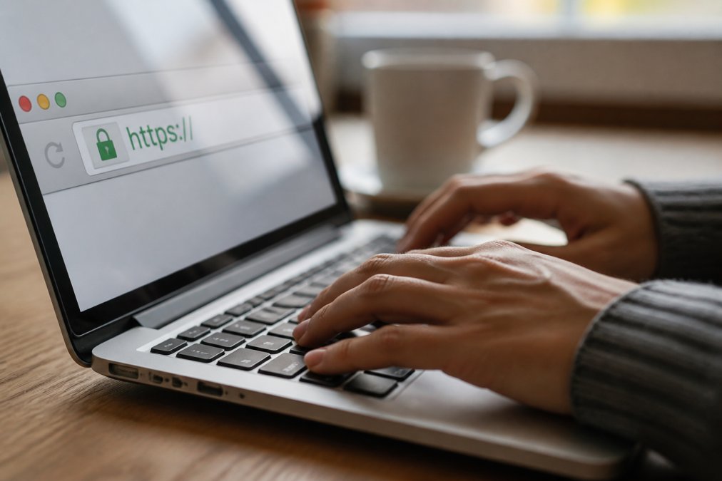 Hands typing on a keyboard with a visible padlock icon and "https://" in the browser address bar, showing a secure connection indicator highlighted in green