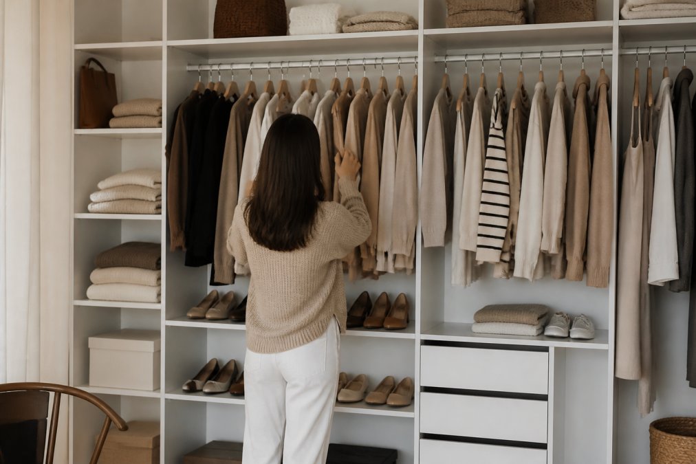Woman organizing a neatly arranged closet with neutral-colored clothing pieces displayed on hangers and shelves, showing a curated, minimalist wardrobe setup