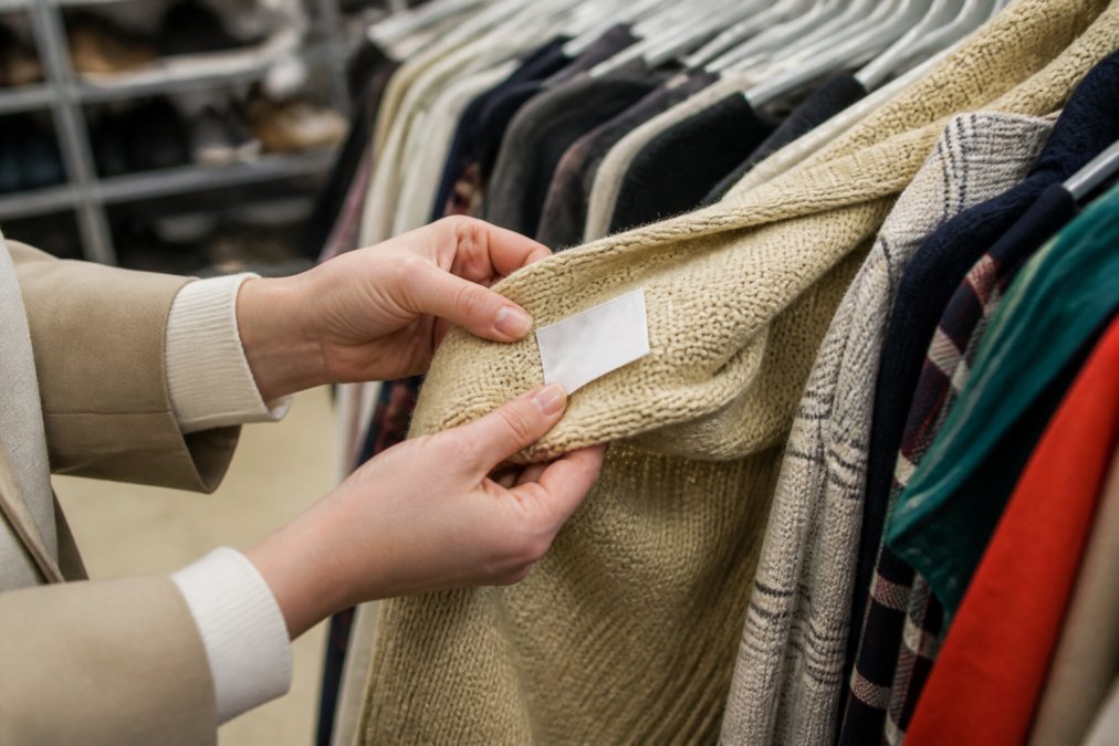Close-up of hands examining a clothing tag and fabric texture in a thrift store, showing quality assessment in action