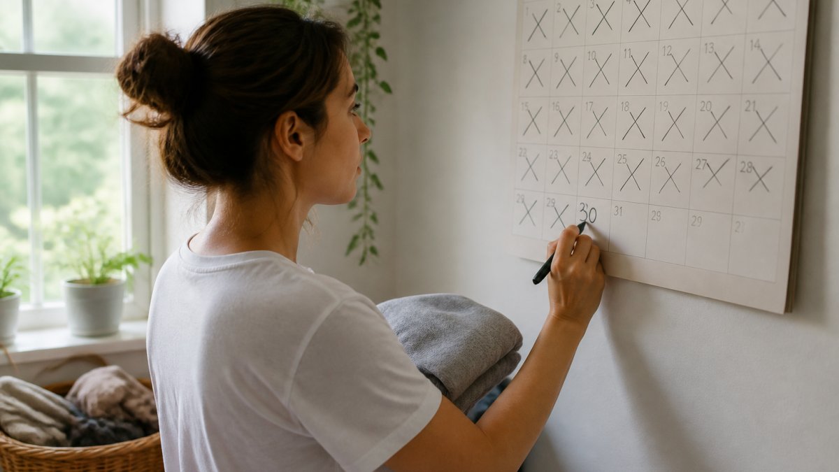A person holding a folded garment against a wall calendar, marking the 30th wear date with a pen, bright natural light from a window, casual home setting