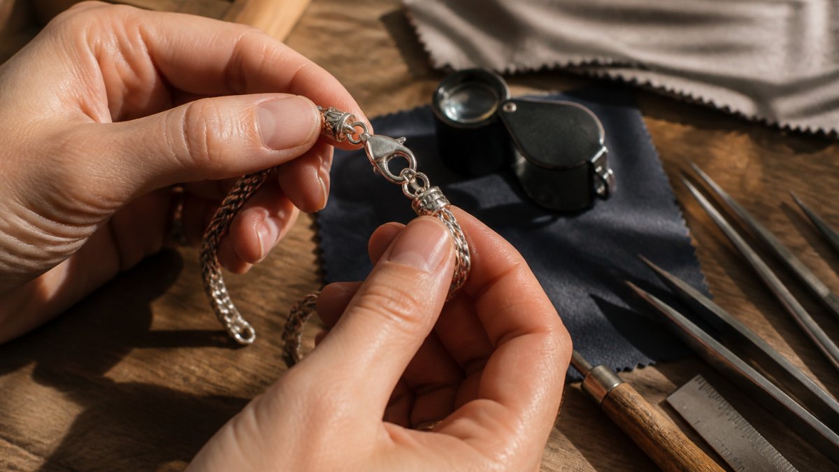 Close-up of hands examining a sterling silver bracelet, checking hallmarks and metal stamps under bright natural light, inspecting clasp mechanisms and joint construction for durability