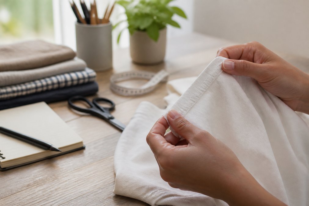Hands examining the stitching and weave of a cotton shirt to avoid fast fashion traps