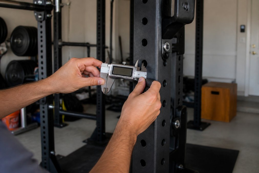 Close-up of a person's hands measuring the thickness of a steel power rack upright with digital calipers in a garage gym setting