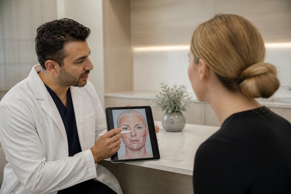 Physician explaining facial anatomy on a tablet to a patient seeking frozen botox treatment in a clinic