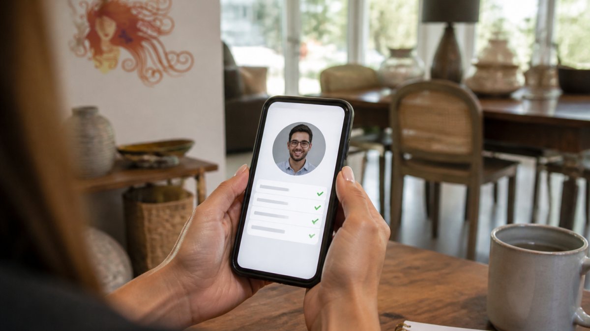 Hands holding a smartphone to verify a buyer's profile and avoid furniture selling scams before meeting in person.