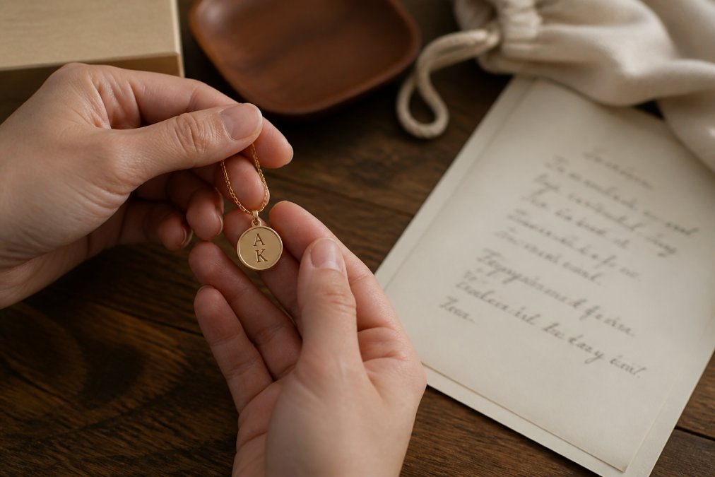 Close-up of hands holding a personalized engraved necklace with initials, alongside a handwritten note on cream stationery, both resting on a wooden surface with soft natural light