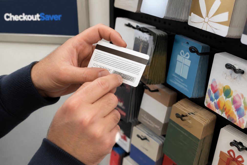 Close-up of a consumer checking a gift card scratch-off panel for signs of gift card scams at a retail store rack.