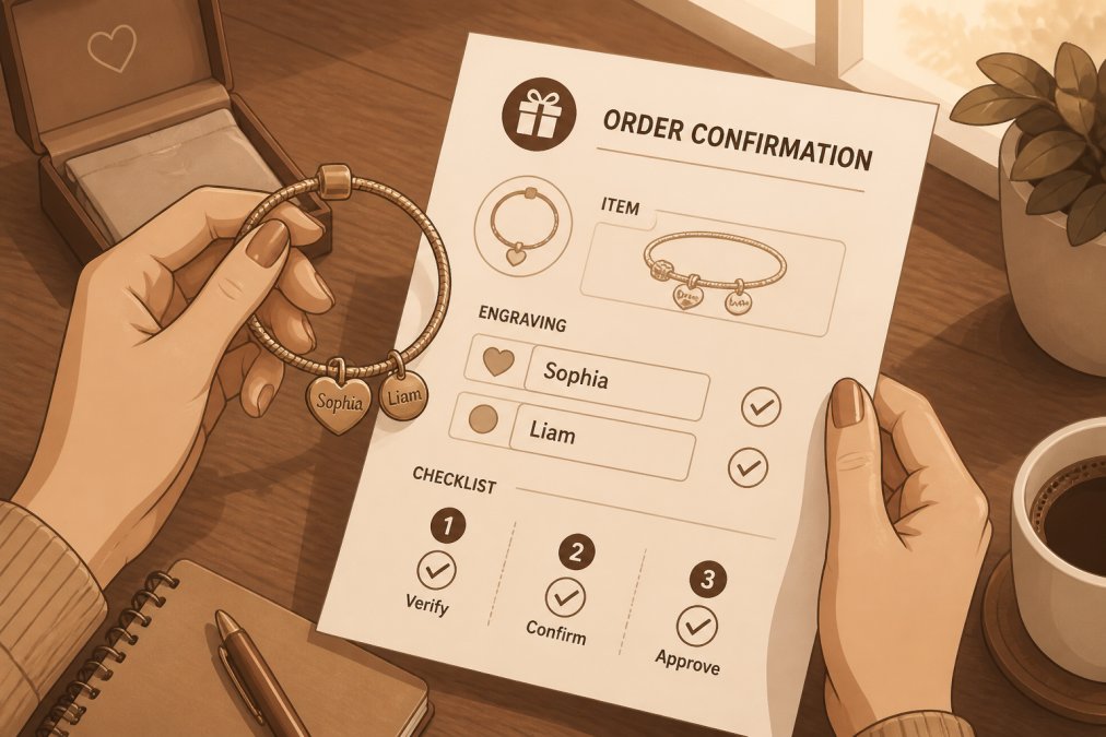 Close-up of hands holding a personalized charm bracelet while reviewing the engraved text on a printed order confirmation sheet on a wooden table with natural window lighting
