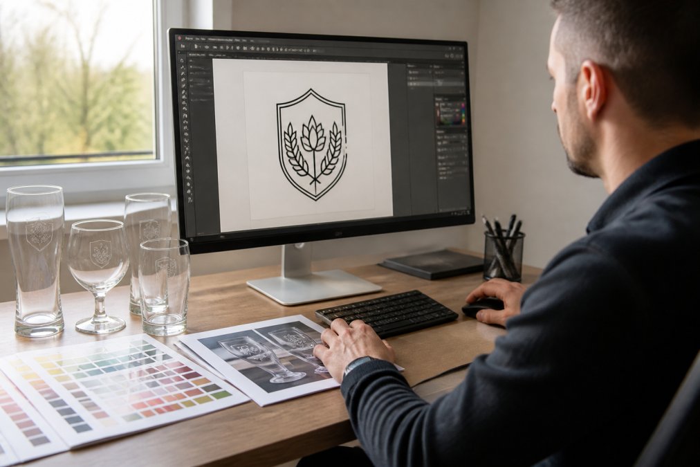 Professional designer working at computer workstation with vector artwork displayed on screen, colour swatches, and printed glassware proofs arranged on a clean wooden desk with natural window lighting