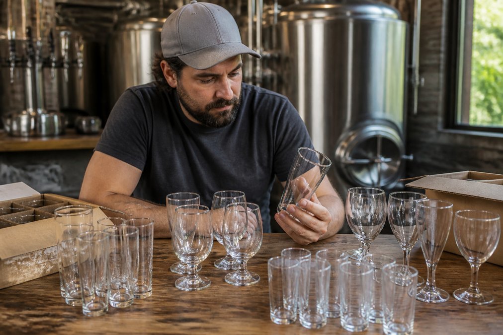 Small brewery owner examining samples of branded beer glasses and promotional glassware arranged on a table, comparing design consistency and quality across different batches with natural afternoon lighting